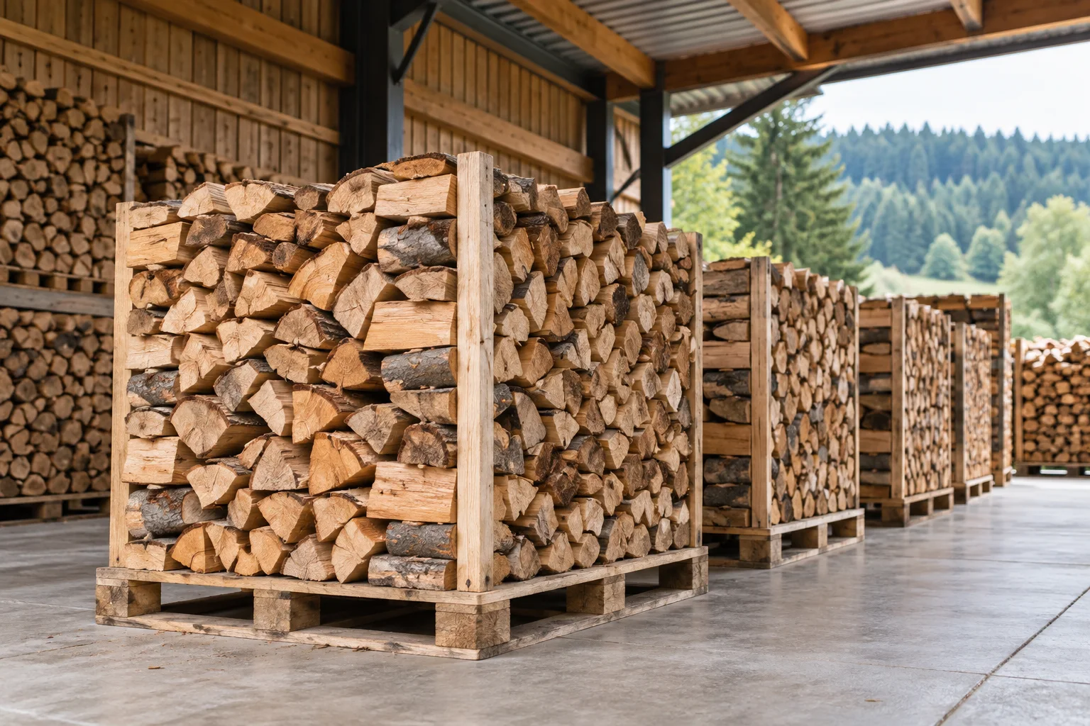 Versandfertige Kaminholz-Scheite im Lager