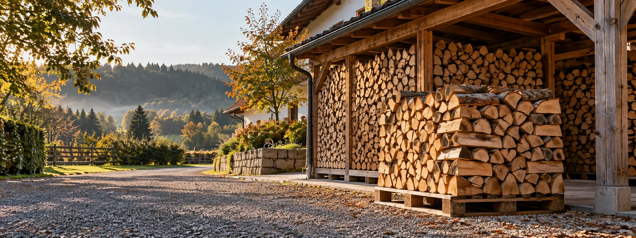 Ordentlich gestapeltes Brennholz in einem überdachten Lager an einem Landhaus